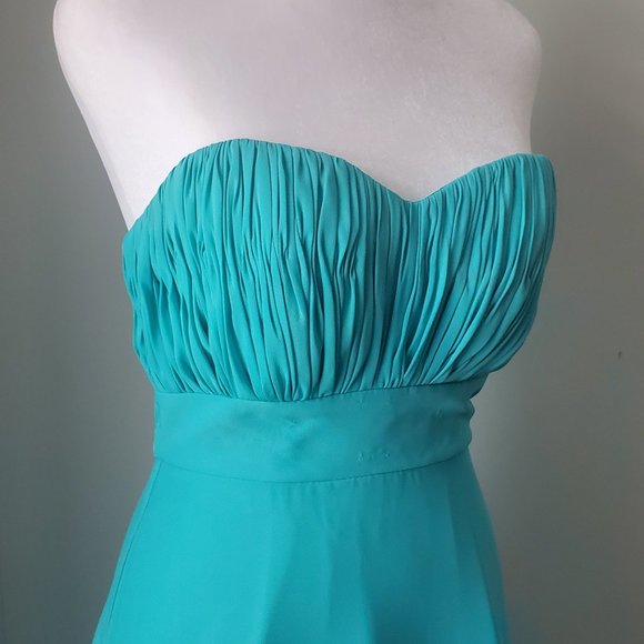 Pretty Teal Green Strapless Long Flared Prom Gown Dress Pleated Bodice shawl - Picture 4 of 10